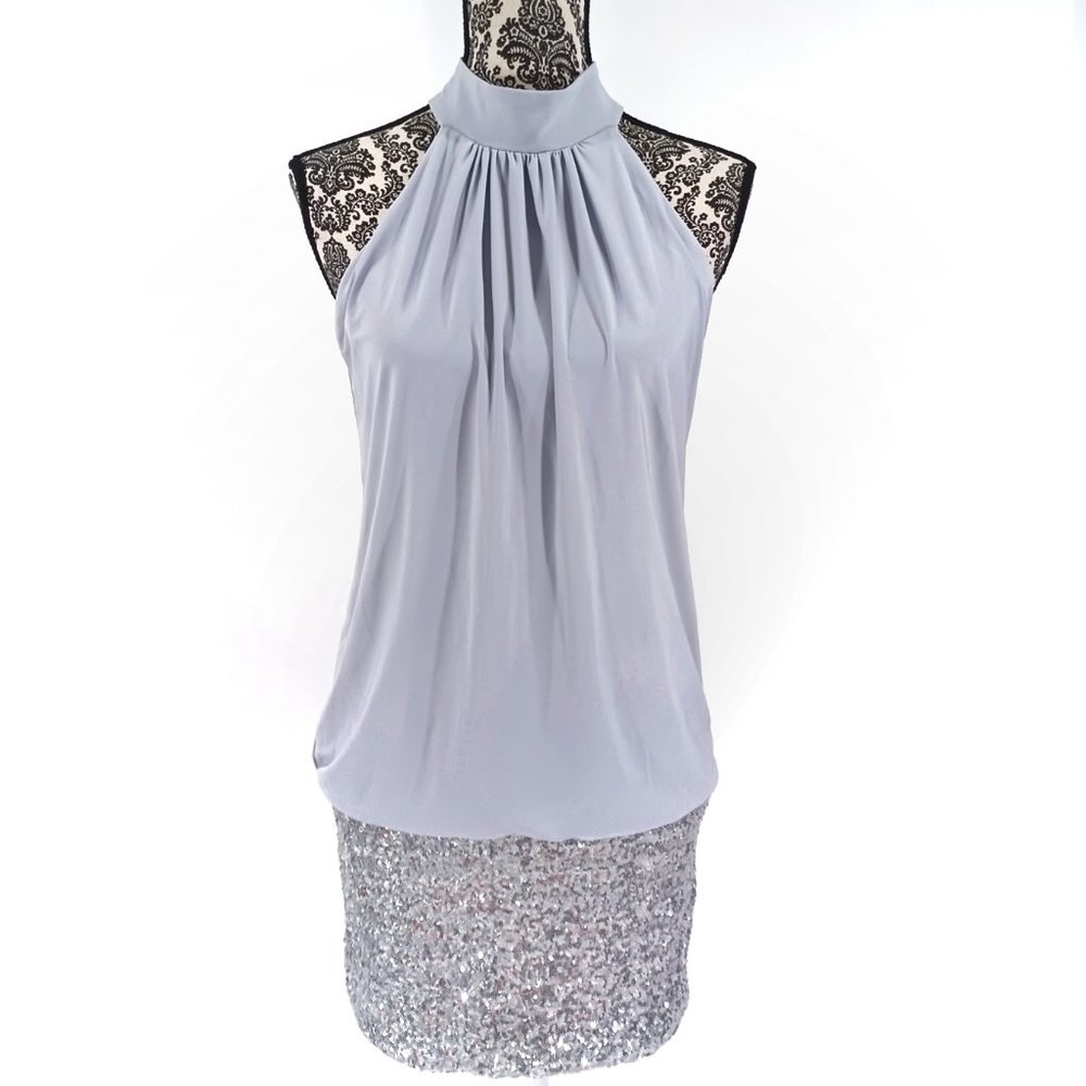 FREDERICKS Dress Halter Neck Drop Waist Silver Sequin Skirt Bottom Party Club M - Picture 2 of 5